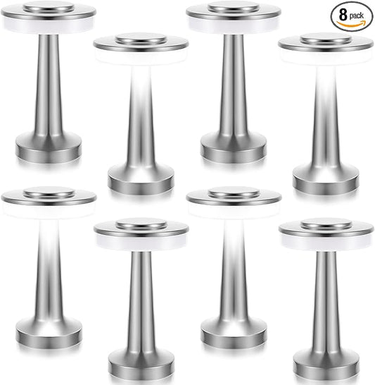 VIHOSE 8 Pcs Silver Cordless Table Lamps LED Portable Rechargeable Table Lamp with Touch Sensor 3 Color Dimming up to 15 Hours Battery Desk Light for Restaurant Nursery Living Room