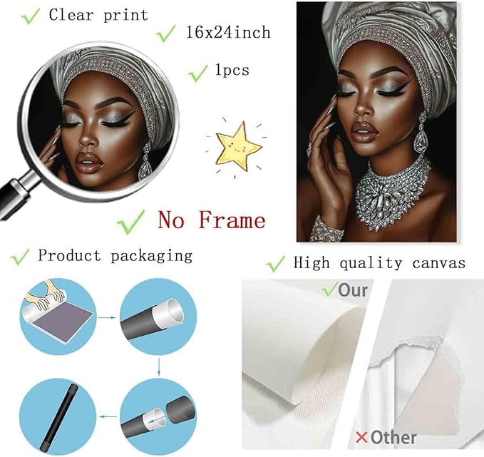 African American Wall Art Girl Black Woman Painting Fashion Poster Portrait Prints Painting Silver And Black Woman Portrait Wall Art Living Room Decor 16x24inch No Frame