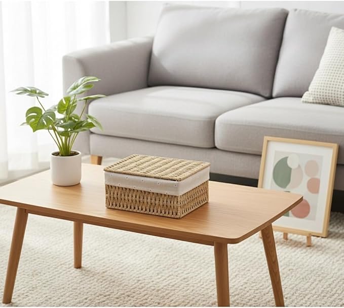 Small Wicker Basket with Lid Paper Rope Storage Baskets for Shelves Set of 3 Tampon Holder with Lid and Removable Liner for Bathroom Makeup Closet Drawer Desk Organizer (Khaki)