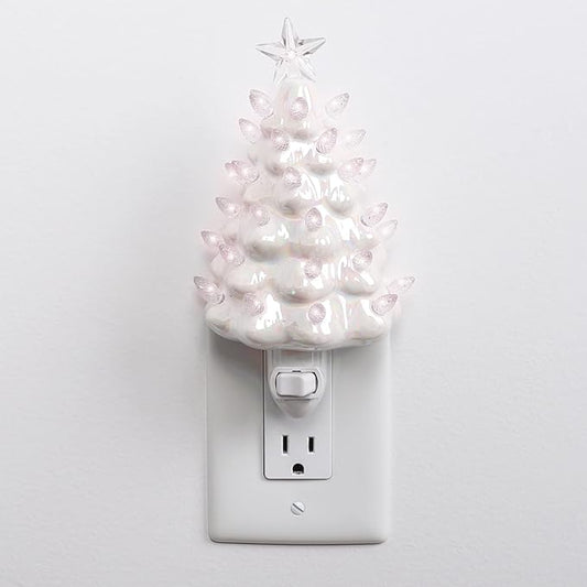 Milltown Merchants Ceramic Christmas Tree Night Light - Plugin Christmas Tree with Lights - Lighted Vintage Ceramic Tree - Mini Christmas Tree Decorative Night Light (Pearl White Christmas Tree)