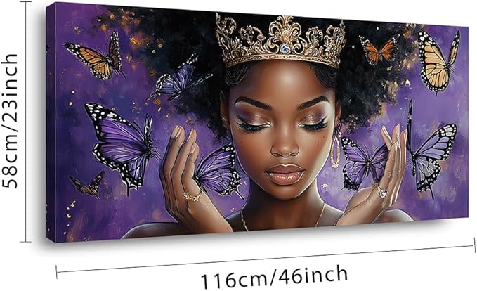 ZESTRILIA African American Wall Art for Girls Room Purple Black Butterfly Canvas Painting Prints Artwork Living Bedroom Office Decor Large (46x23 Inches)