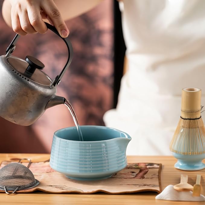 8 Pcs Matcha Whisk Set, Ceramic Matcha Whisk Holder, Ceramic Bowl with Spout, Matcha Ceremony Accessory, Home Kitchen Decor Tea Gifts for Birthdays, Halloween and Christmas (Blue)