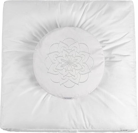 Hihealer Meditation Cushion Set Large Cotton Floor Pillow & Traditional Tibetan Yoga Bolster for Adults Zafu Meditation Mat with Buckwheat Filling (Pure White)