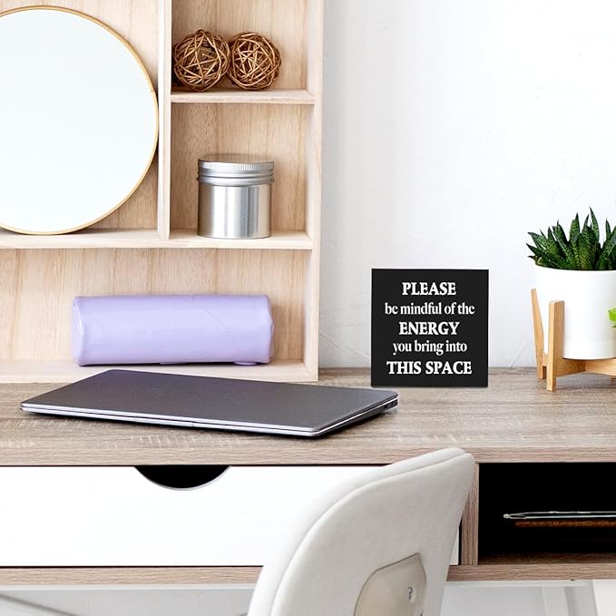 Motivational Gifts Wooden Box Sign, Inspirational Quotes decorations Please Be Mindful of the Energy You Bring into This Space Rustic Farmhouse Home Classroom Company Office Decor Wood Block Plaque