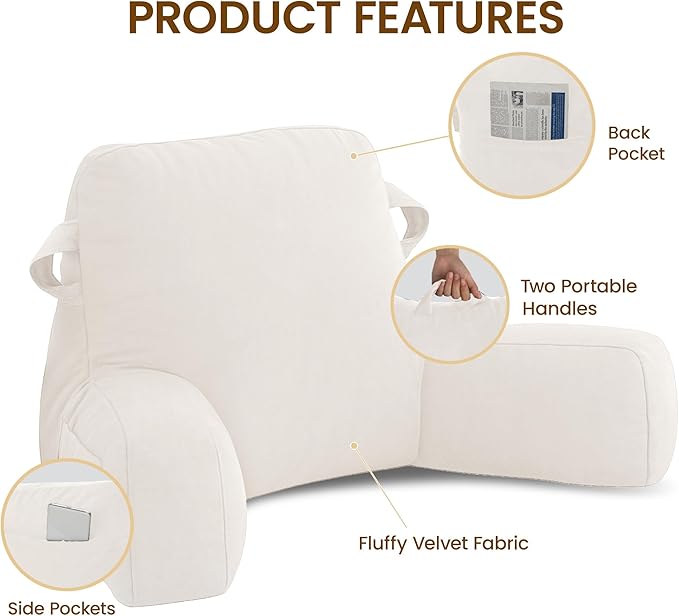 Portable Comfy Reading Pillows for Bed Sitting Up(Beige Oeko-Tex), Velvet Back Pillow with Arms & Pockets for Adults, Support Memory Foam Bed Pillow for Dorm/Reading/Watching/Gaming