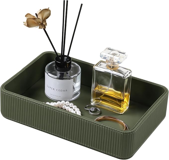 PU Leather Valet Tray Organizer, Modern Nightstand Organizer Bedside Desktop Storage for Womens and Men, Decorative Perfume Trinket Catchall Vanity Tray for Key Watch Wallet (Green)