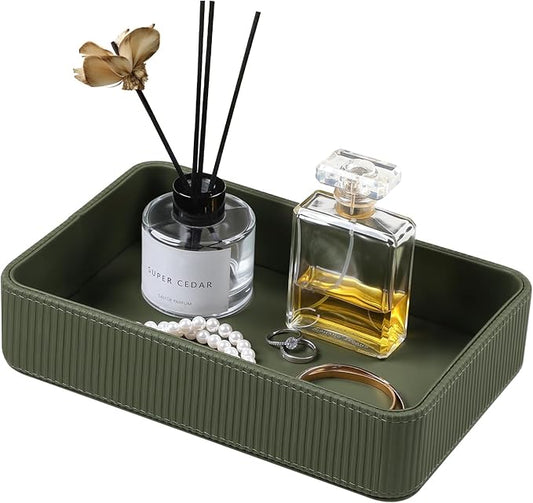 PU Leather Valet Tray Organizer, Modern Nightstand Organizer Bedside Desktop Storage for Womens and Men, Decorative Perfume Trinket Catchall Vanity Tray for Key Watch Wallet (Green)