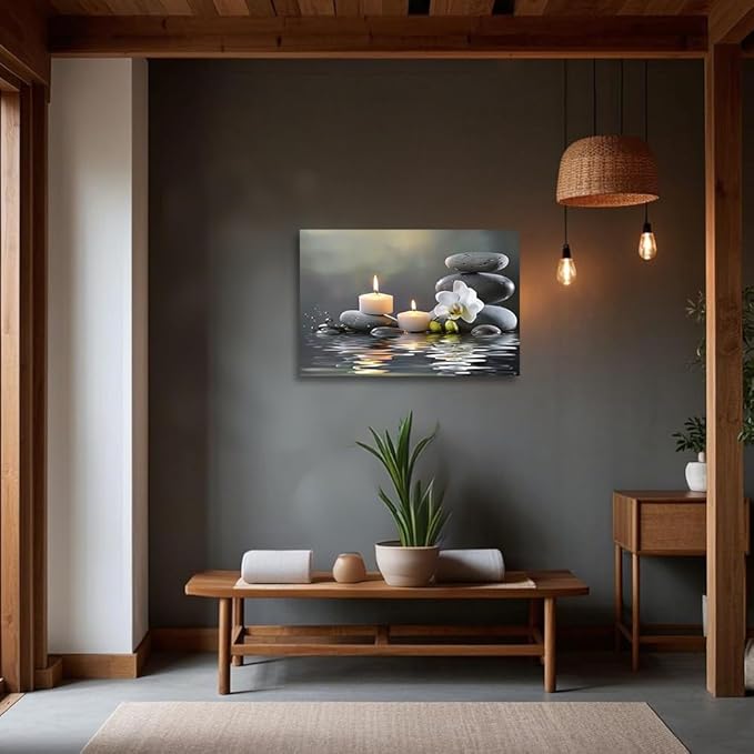 CGXLB Zen Stone Wall Art Candles & Orchid Painting Serene Water Decor for Spa Bathroom Bedroom Meditation Room 16"x24"