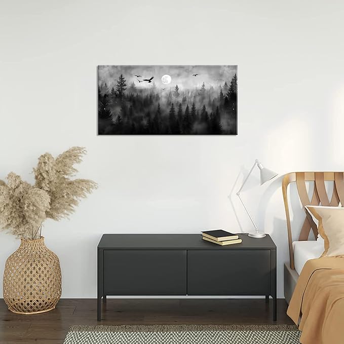 ZESTRILIA Forest Wall Art Black & White Moon Night Retro Canvas Prints Modern Rustic Paintings Nordic Artwork Landscape Picture for Country Farmhouse Living Room Bedroom Home Office Décor (20x40inch)