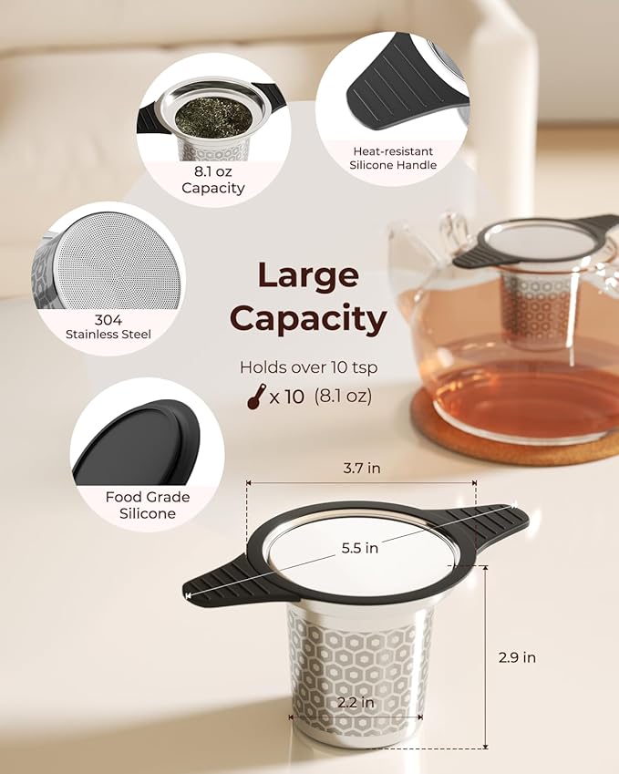 Reinmoson Extra Fine Mesh Tea Strainers & Filters for Loose Tea Single Cup, 304 Stainless Steel and Food Grade Silicone Loose Leaf Tea Steeper for Black Tea, Coffee, Rooibos, etc