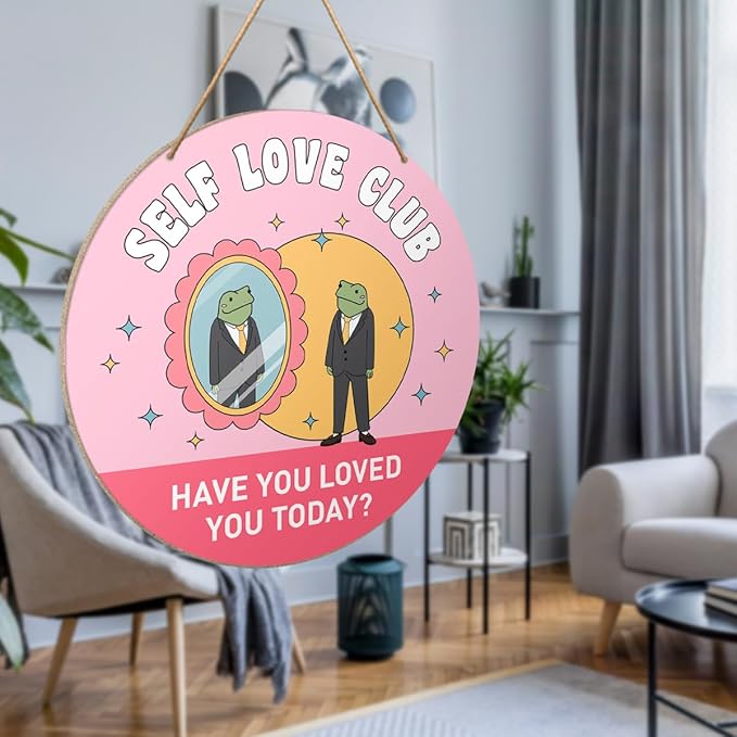 Self Love Club Inspirational Wall Decor, Frog Positive Round Wooden Hanging Sign Decor, Pink Motivational Decorations for Home Bathroom Office, Inspirational Gifts for Women Men, Loved You Today