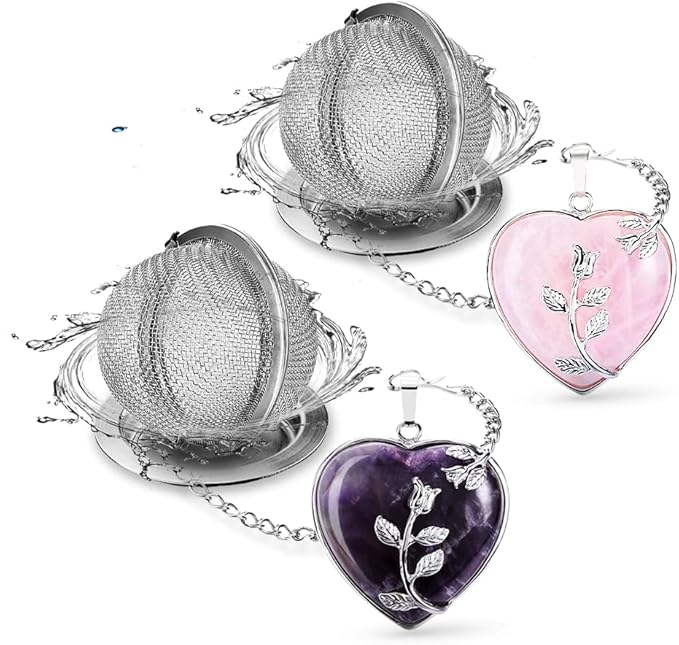 2pcs Tea Infuser Tea Strainers for Loose Tea Amethyst & Rose Quartz Crystal Heart Pendant Infinity Love Heart Couple Handmade Gemstone Tea Ball Set Gifts for Women Gifts for Mom