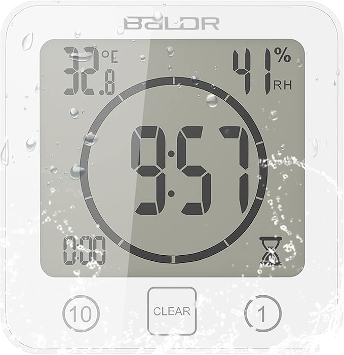 Digital Bathroom Shower Wall Clock, LCD Digital Wall Clock with Suction, Waterproof Temperature Humidity Gauge, Touch Screen Timer, Large Countdown Visual Timer (White)