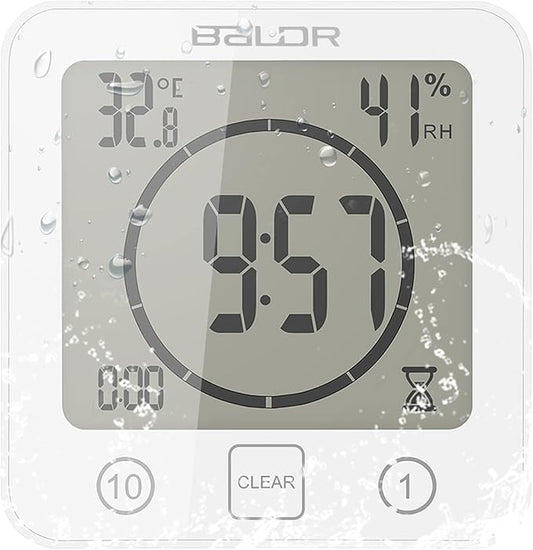 Digital Bathroom Shower Wall Clock, LCD Digital Wall Clock with Suction, Waterproof Temperature Humidity Gauge, Touch Screen Timer, Large Countdown Visual Timer (White)