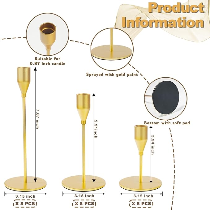 Matte Gold Candle Holders Bulk Painted Gold Metal Candlesticks Fit 0.8 Inch Taper Candles Decorative Metal Candelabra for Wedding Home Holiday Anniversary Party Dinning Table Decors (Set of 24)