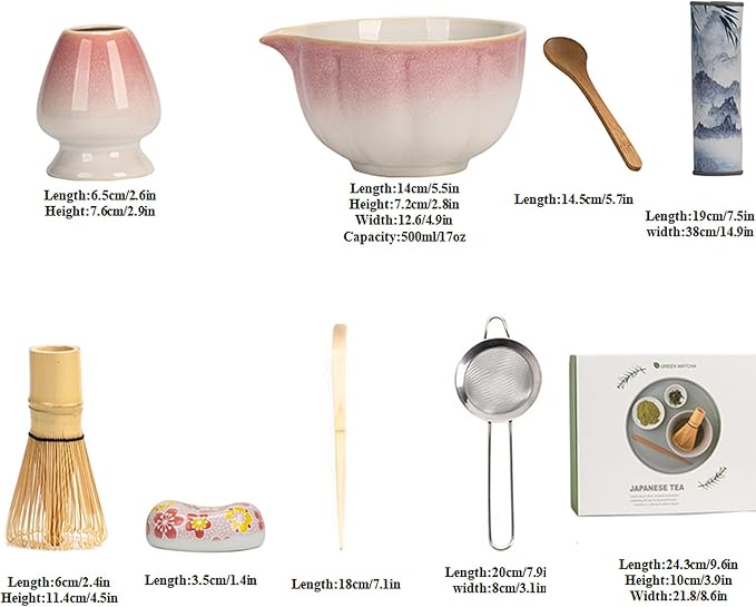 Ceramic Matcha Whisk Set, Complete Matcha Set-8PCS for Ceremonial Grade Matcha, Tea Gifts for Tea Lovers for Christmas, Birthday, Halloween (Cherry Blossom Pink)
