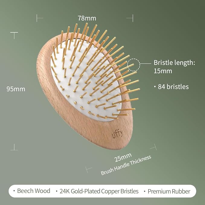 Uffy Acubrusher – 24K Gold-Plated Gua Sha Hair Brush - Ergonomic Scalp Massager for Dandruff & Hair Growth, Suitable for All Hair Types - Ideal Gift Choice in Beech Wood