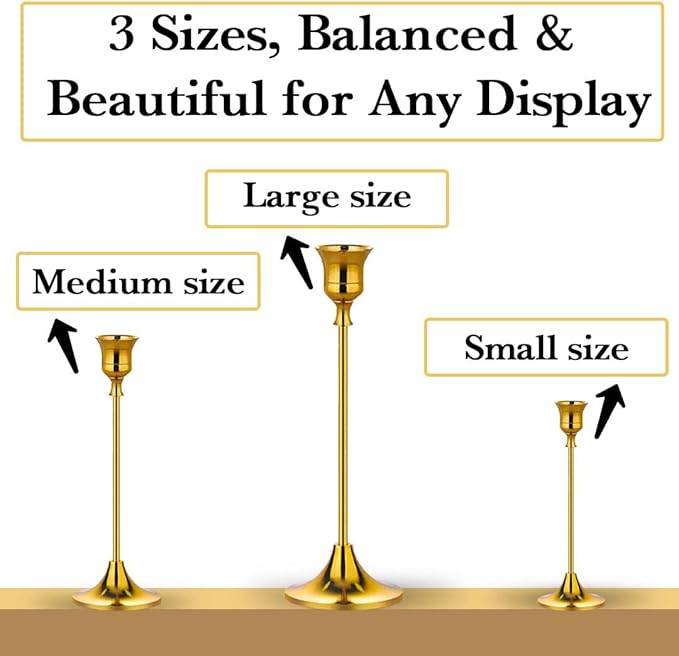 Gold Candlestick Holders Set of 6 – Decorative Taper Candle Holders for Home Decor, Weddings, Parties – Elegant Metal Candle Stands with Brushed Finish – Easy Assembly – Fits Standard & LED Candles