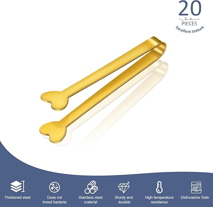 20-Packs Mini Serving Tongs, Stainless Steel Small Appetizers Tongs, Metal Kitchen Tongs, Ice Sugar Tongs for Serving Food (5inch，Gold)