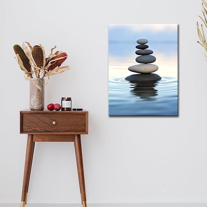 GLOKAKA Zen Stones Balance Canvas Wall Art Pebbles Stack in Calm Water Picture Print Artwork Poster for Yoga Meditation Room Bathroom Bedroom Decor