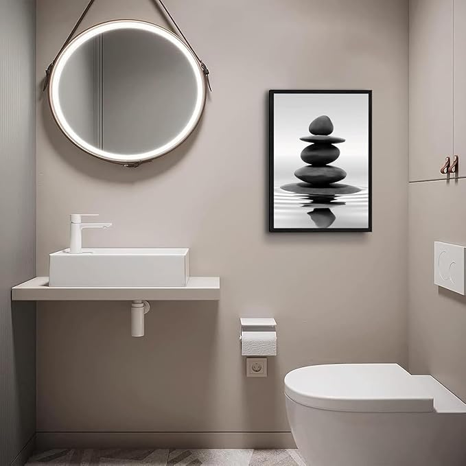 DCMVJHZV Framed Black and White Bathroom Wall Art Zen Stones in the water Bathroom Wall Art Yoga Meditation Picture Wall Decor Spa Room Bedroom Living Room Wall Painting Print (12"x16")