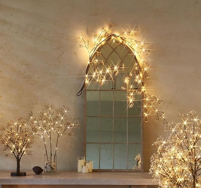 Hairui Lighted Baby Breath Flower Garland Battery Operated with Timer 48L Warm White LED 6FT, Artificial Gypsophila Vine Lights for Thanksgiving Christmas Decor Indoor Outdoor Use