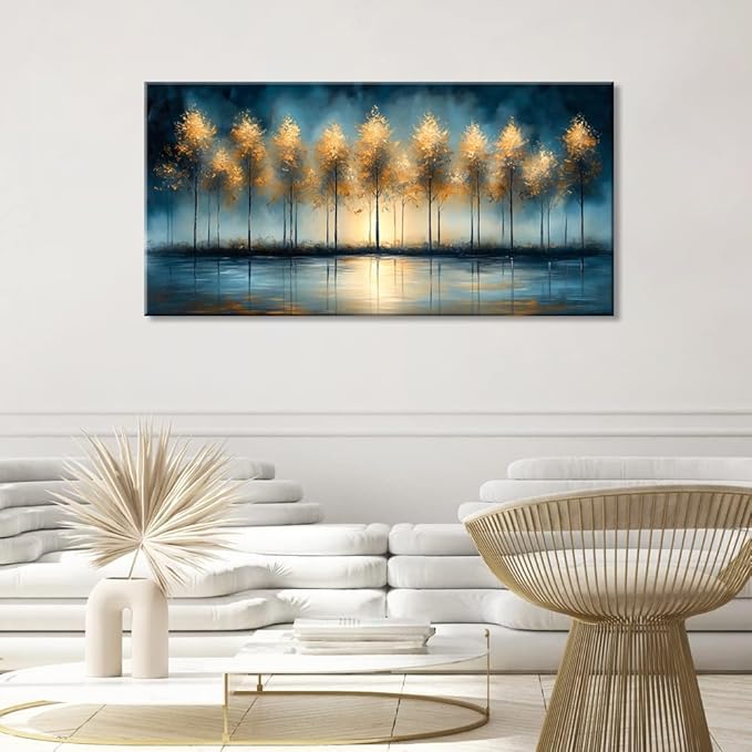 ZESTRILIA Golden Trees Wall Art Impression Canvas Abstract Sunset Oil Painting Reproduction Print Artwork Landscape Picture for Living Room Bedroom Home Office Kitchen Décor (20x40inch)