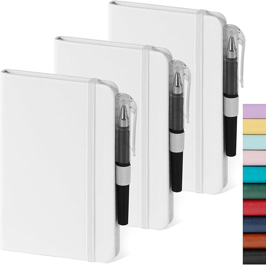 Small Notebook Pocket Size Journal 3.7" x 5.7" (3 Pack), A6 Mini Notepad with Pen, Small Leather Note Book, 100gsm Lined paper, 408 Pages, White