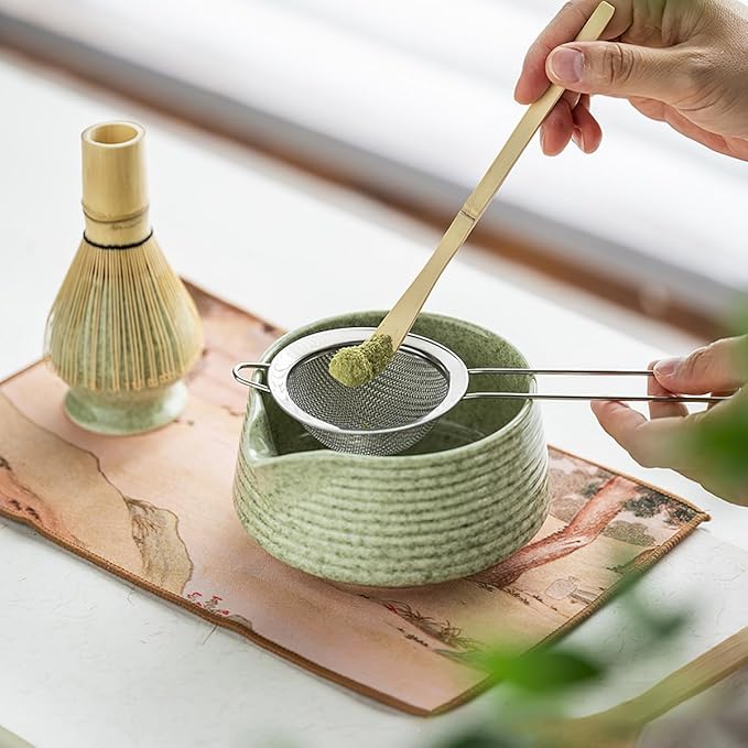 8 Pcs Matcha Whisk Set, Ceramic Matcha Whisk Holder, Ceramic Bowl with Spout, Matcha Ceremony Accessory, Home Kitchen Decor Tea Gifts for Birthdays, Halloween and Christmas (Greenish Color)