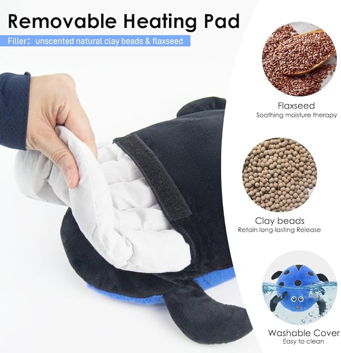 Microwavable Heating Pad for Pain Relief, Cute Unscented Stuffed Animal Moist Heat Pad for Neck, Shoulder, Stitched Heatable Soft Pillow for Cramps, Period, Gift for Women & Kids (Blue)