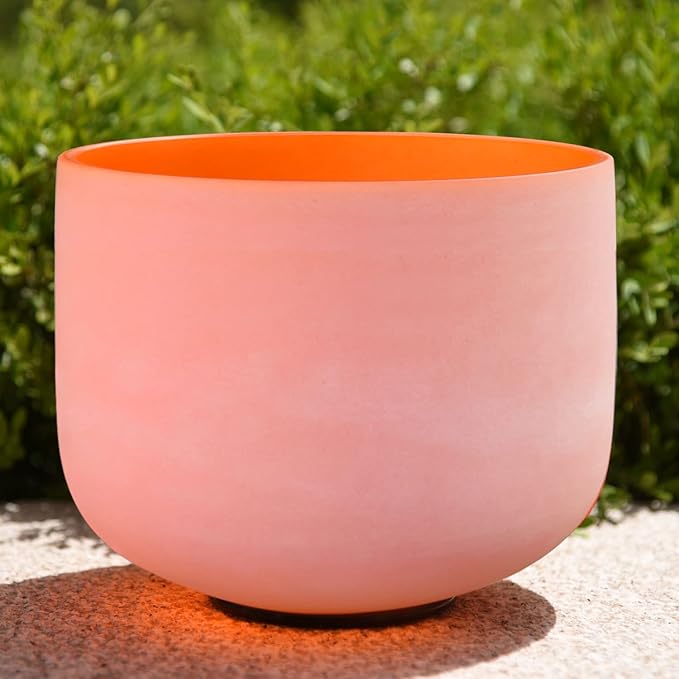 RYAN DVAN 8” D Note Orange Frosted Sacral Chakra Crystal Singing Bowl with Free Heavy-Duty Carrying Case and Suede Striker O-Ring