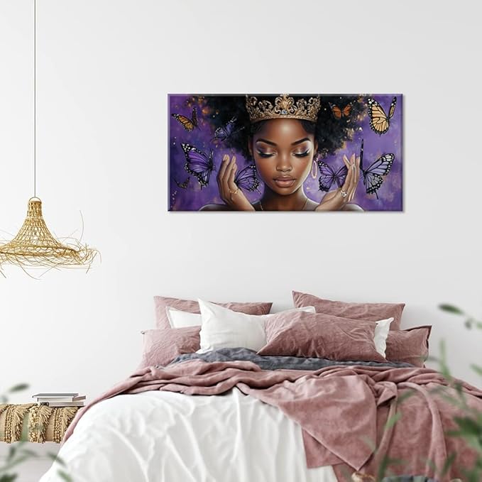 ZESTRILIA African American Wall Art for Girls Room Purple Black Butterfly Canvas Painting Prints Artwork Living Bedroom Office Decor Extra Large (58x28 Inches)