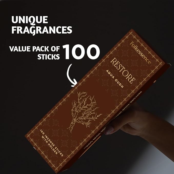 Folkulture Oud Incense Sticks | Set of 100 Insence-Sticks with Holder for Relaxation | Aqua Oudh Incense | Organic, Slow Burning & Non Toxic Inscents for Meditation | Oudh