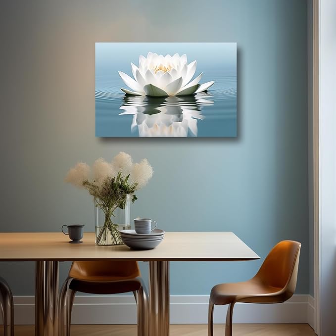 LZIMU Zen Canvas Wall Art White Lotus Flower Bloom in Water Picture Prints Teal Blue Artwork Bathroom Decor Framed for Yoga Spa Meditation Room (Zen-3, 28"x42")