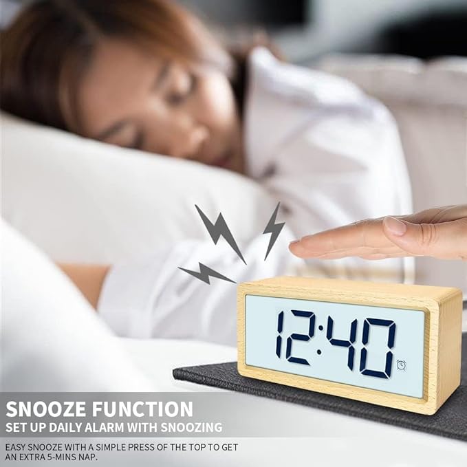 everwood Wooden Large Digital Alarm Clocks for Bedrooms with Large Number Display LCD Snooze Function, Battery Backup Operated