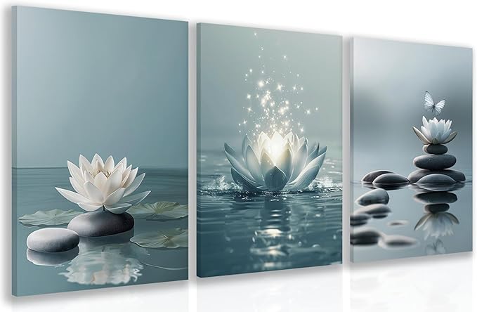 GELDSTEI Calm Zen Botanical Canvas Wall Art, White Lotus Blooming on Stones in Water Aesthetic Pictures, Yoga Spa Meditation Room Decor, Modern Spiritual Poster Prints for Zen Office Framed 12"x16"x3