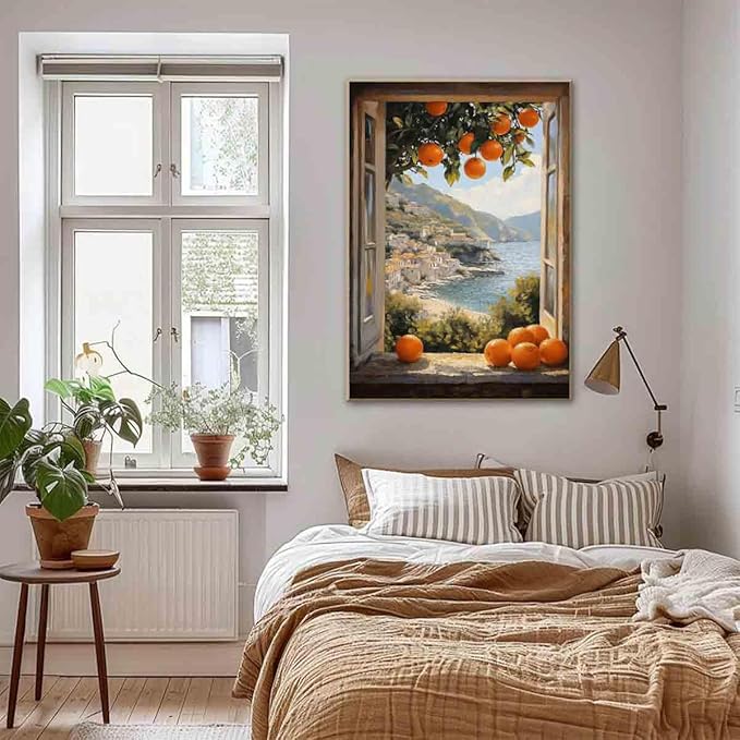 Mediterranean Coastal Wall Art Coastal Landscape Prints Vintage Citrus Wall Art Open Window Poster Still Life Fruit Painting Farmhouse Country Pictures Fruit Living Room Decor 16x24inch No Frame