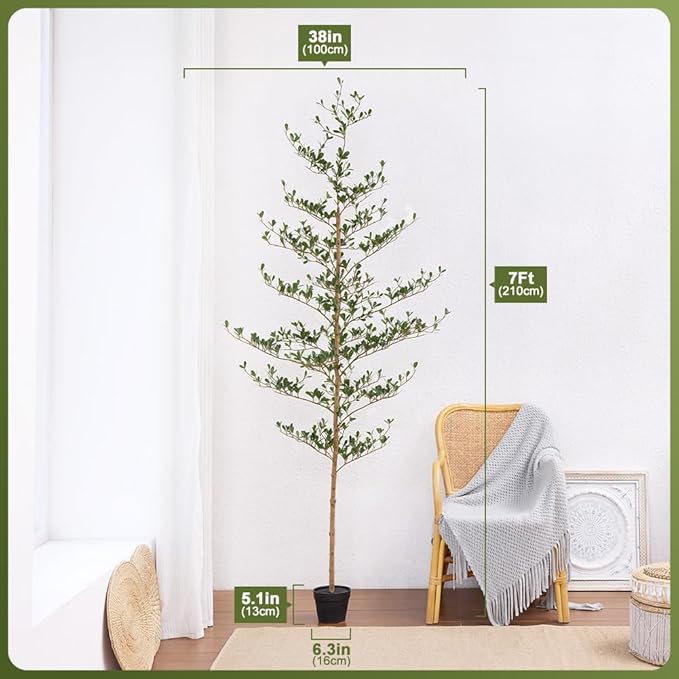 Artificial Black Olive Tree 7FT Indoor Outdoor Decor Faux Plants - Real Wood Trunk Fake Tree with Green UV Resistant Leaves - Tall Floor Plant for Modern Home Office Living Room Decoration