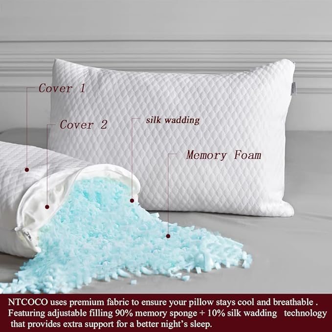 NTCOCO Pillow, Shredded Memory Foam Bed Pillows for Sleeping, with Washable Removable Cooling Hypoallergenic Sleep Pillow for Back and Side Sleeper, King (1-Pack)