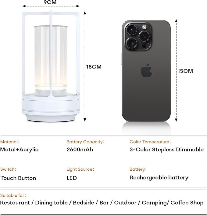 Portable Metal Table Lamp for Indoor/Outdoor ,Rechargeable Cordless LED Lamp, 3-Colour Infinitely Dimming Battery Powered Small Desk Lamp, Restaurant/Bedroom/Bar/Coffee Shop/Camping Light (White)