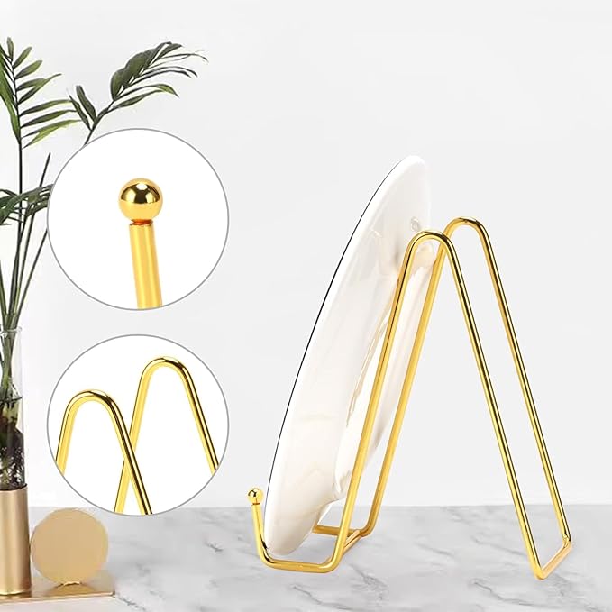3 Pack 8 Inch Plate Stands for Display, Plate Holder Display Stand, Picture Frame Stand Black Metal Frame Holder Stands for Book,Small Easel,Decorative Plate,Photo and Platter,Tabletop Art-gold