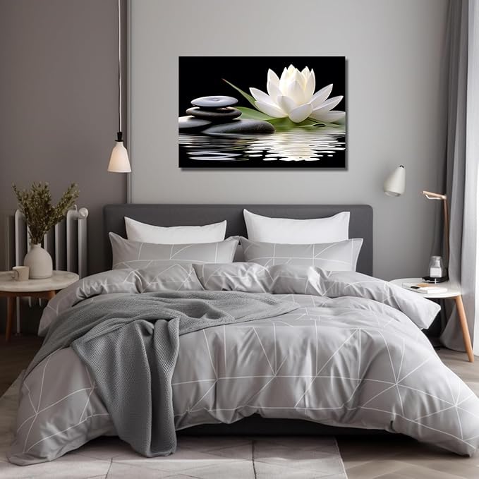 LZIMU Zen Canvas Wall Art White Lotus and Black Zen Stones Bloom in Water Picture Prints for Yoga Spa Meditation Spiritual Room Bathroom Decor (Zen-1, 12"x18")