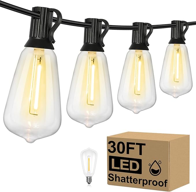 Brightever 30FT LED Outdoor String Light with 16 ST38 Vintage Edison Shatterproof Bulbs, Commercial Grade Patio Lights Connectable, Waterproof Hanging Lights for Balcony, Backyard, Warm White
