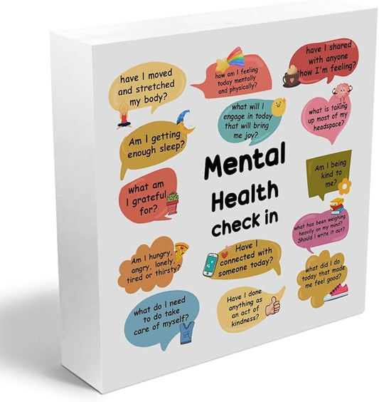 Therapy Office Decor Wooden Box Sign, Mental Health Check In Decorations,Mental Health Gifts for Psychologist Counselor, Rustic Farmhouse Home Office Classroom Desk Table Decor Wood Block Plaque