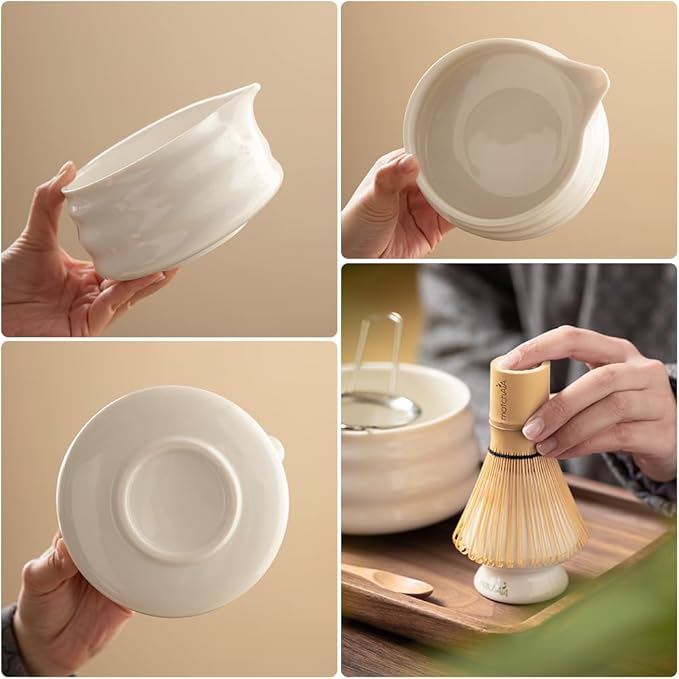Matcha Whisk Set - Ceramic Bowl, Bamboo Whisk with Holder, Sifter, Schima Spoon, Spoon Rest and Tea Towel - 7 Pcs Complete Kit for Traditional Matcha and Modern Lattes (White)