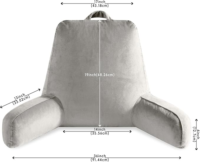 Reading Pillow for Sitting in Bed Adult, Reading Pillow with Shredded Memory Foam, Bed Pillow with Washable Cover, Back Pillow Sitting Up with Extend Arms, Light Gery, X-Large