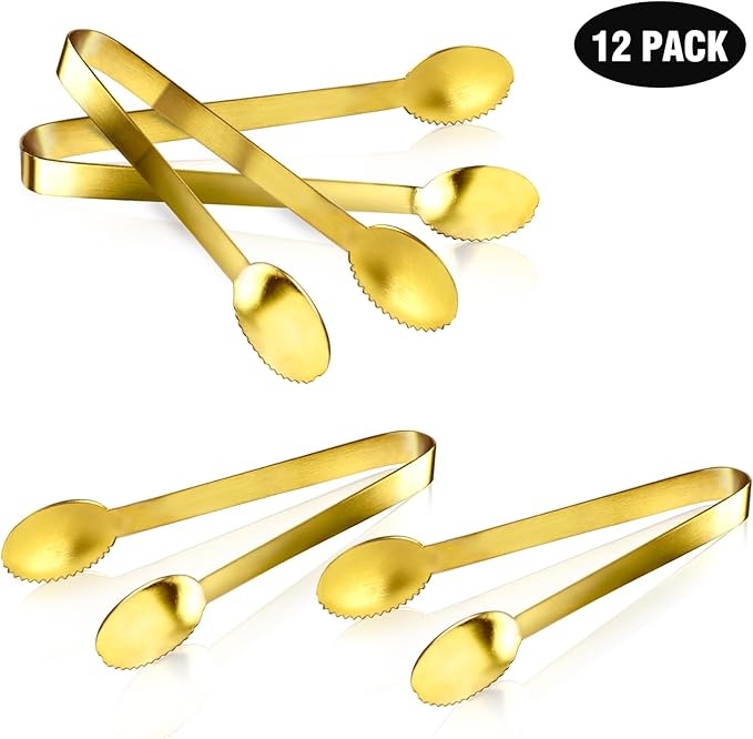 JCREN 12 Pcs Gold Tongs - Stainless Steel Serving Tongs for Food, Appetizers, Desserts - 4.9inch
