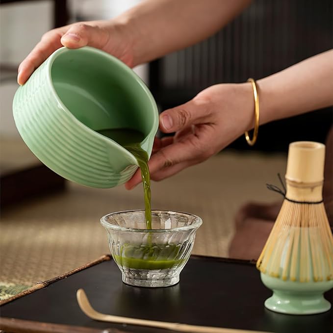 8 Pcs Matcha Whisk Set, Ceramic Matcha Whisk Holder, Ceramic Bowl with Spout, Matcha Ceremony Accessory, Home Kitchen Decor Tea Gifts for Birthdays, Halloween and Christmas (Green)