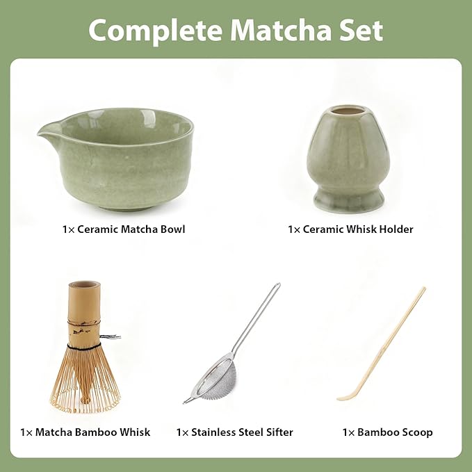 Matcha Whisk Set, Matcha Kit Japanese Tea Set Includes Matcha Bowl with Spout, Matcha Whisk Holder (Chasen), Bamboo Matcha Whisk and Bamboo Scoop, Ceramic Matcha Kit for Tea Lovers