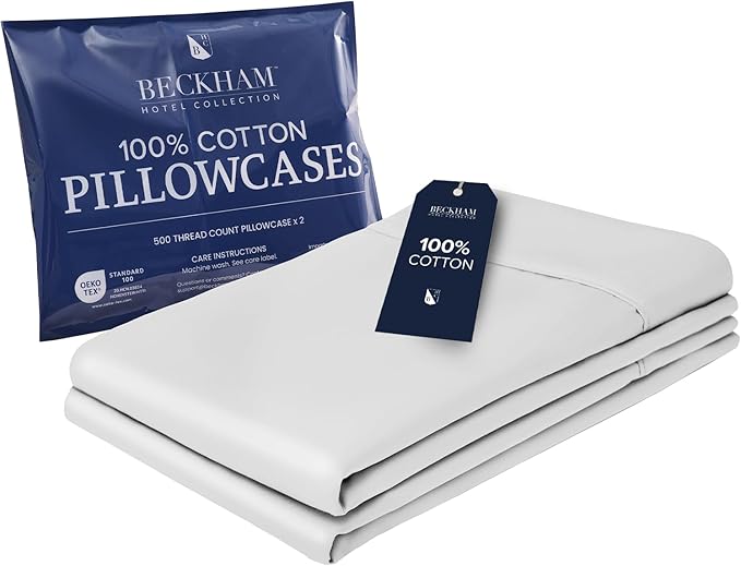 Beckham Hotel Collection Bed Pillowcases Standard/Queen Size Set of 2, 500TC 100% Cotton, Luxury Sateen Bedding, Open End, Breathable, Moisture-Wicking, White
